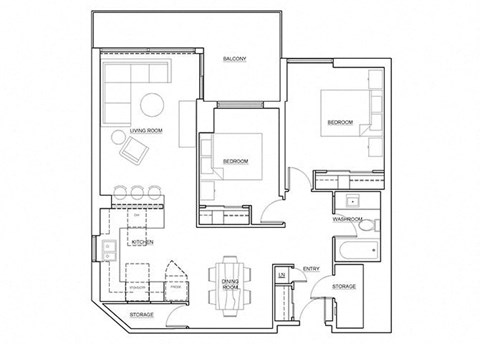 Floor plan for 2 beds, 1 bath, 863 sqft
